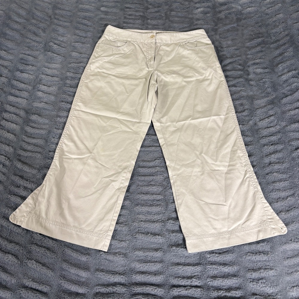 Eileen Fisher Petite PS Beige Wide Leg Cropped Pants Khaki Cotton Slit Hem AR016